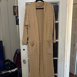 Long Tan Cable Knit Cardigan